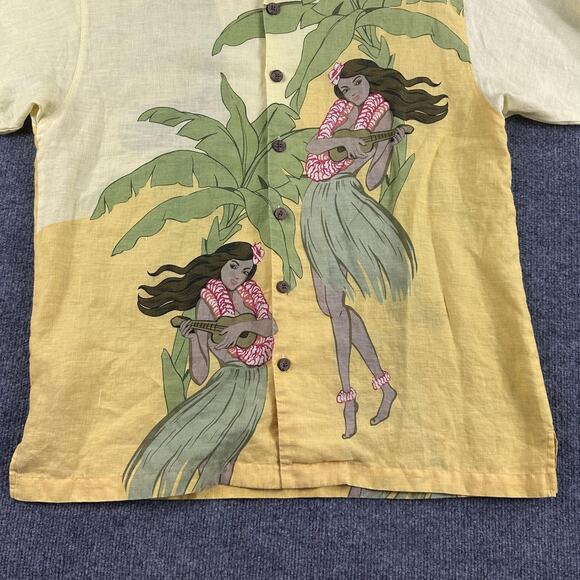 Tommy Bahama Shirt Mens Large Yellow 100% Linen Hawaiian Hula Ukulele Aloha - Picture 4 of 12